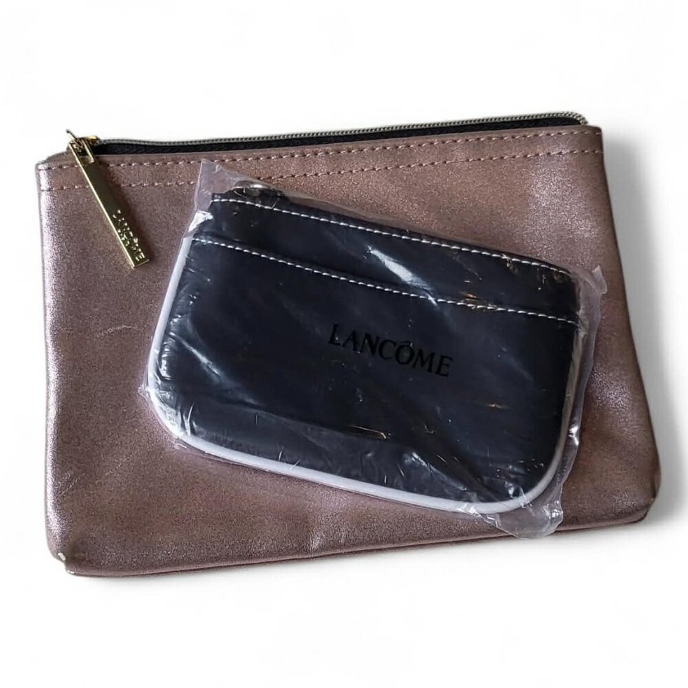 Lancôme Paris Makeup Bag Metallic Pink w Black Pouch Lot of 2